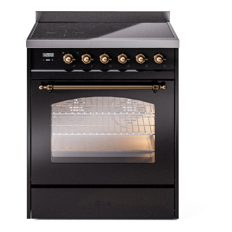 ILVE UPI304NMPBKB Nostalgie II 30 inch Induction Range (Triple Glass Door, Glossy Black, Burnished)