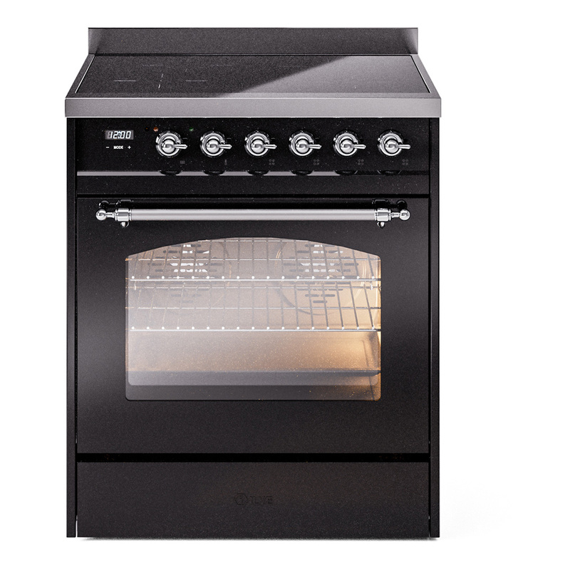 ILVE UPI304NMPBKC Nostalgie II 30 inch Induction Range (Triple Glass Door, Glossy Black, Chrome)