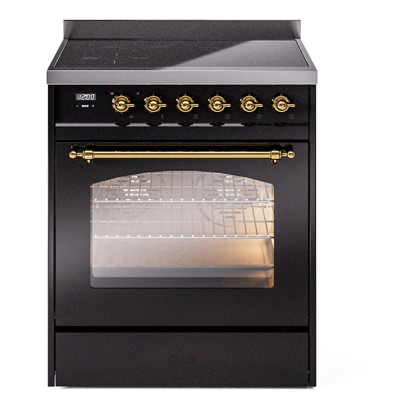ILVE UPI304NMPBKG Nostalgie II 30 inch Induction Range (Triple Glass Door, Glossy Black, Brass)