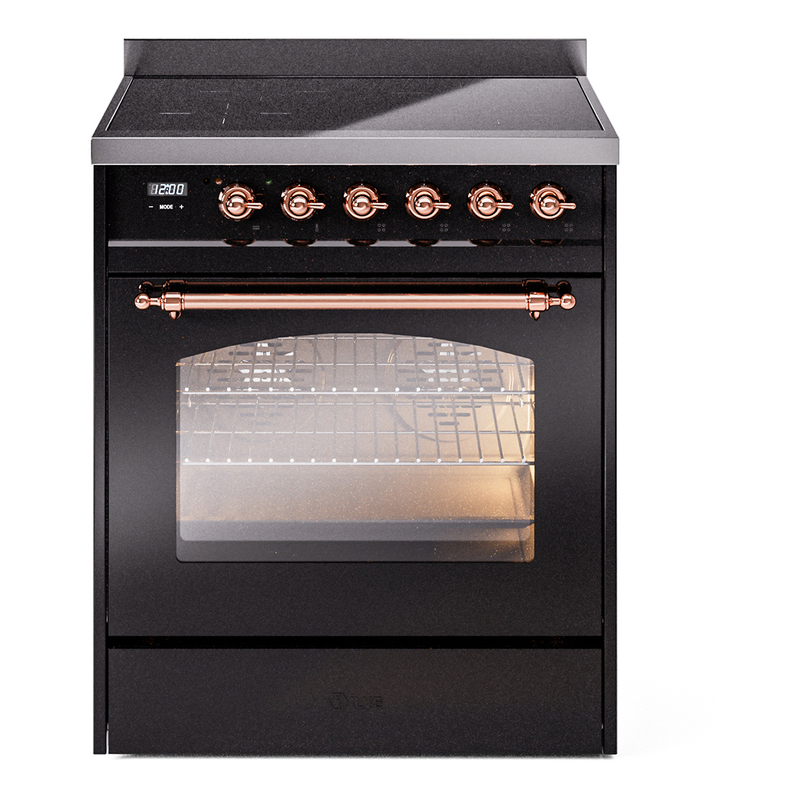ILVE UPI304NMPBKP Nostalgie II 30 inch Induction Range (Triple Glass Door, Glossy Black, Copper)