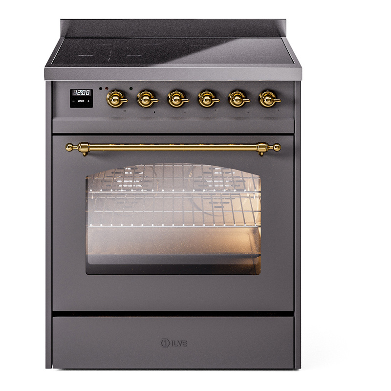 ILVE UPI304NMPMGG Nostalgie II 30 inch Induction Range (Triple Glass Door, Graphite Matte, Brass)