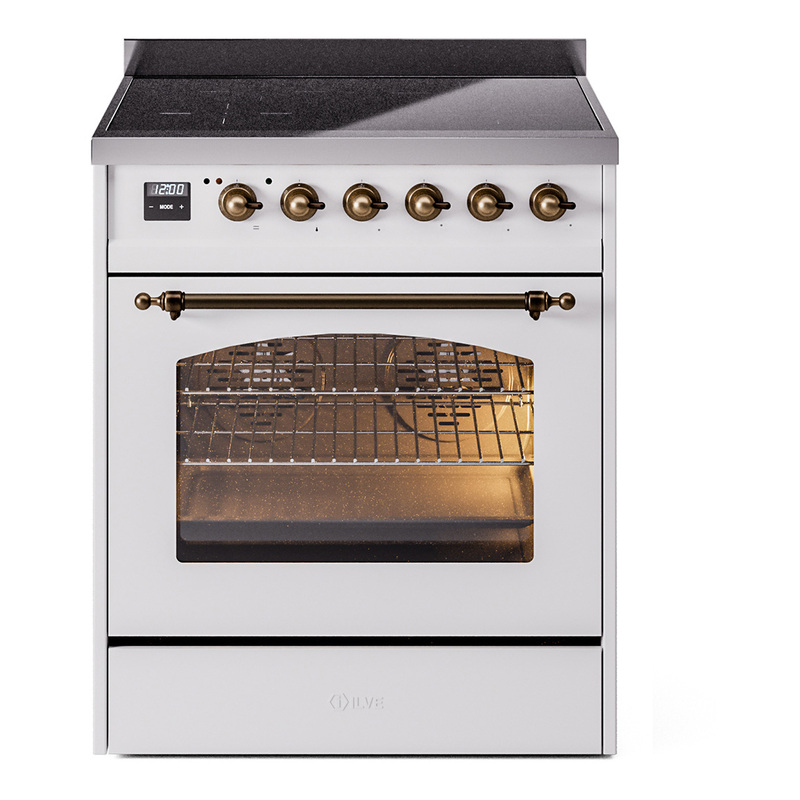 ILVE UPI304NMPWHB Nostalgie II 30 inch Induction Range (Triple Glass Door, White, Burnished)