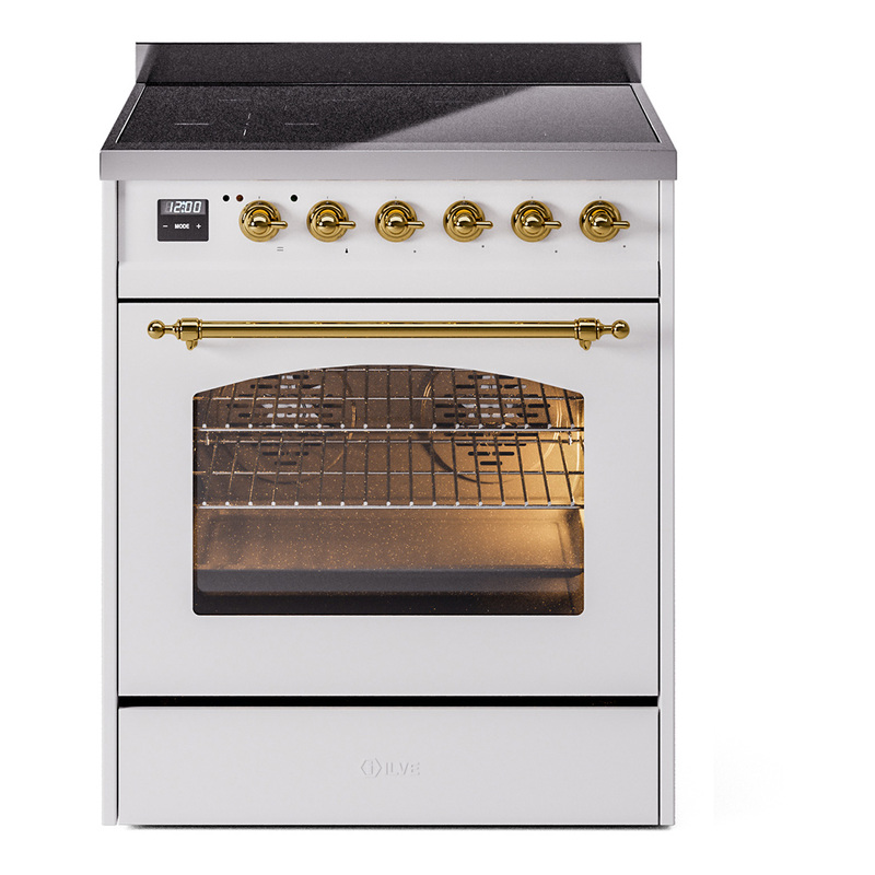 ILVE UPI304NMPWHG Nostalgie II 30 inch Induction Range (Triple Glass Door, White, Brass)