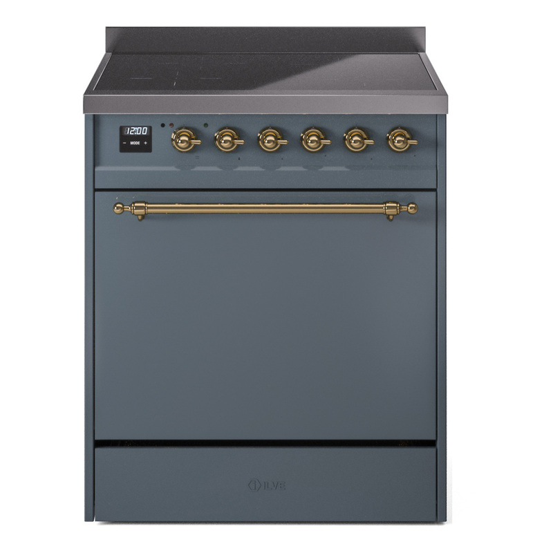 ILVE UPI304QNMPBGG Nostalgie II 30 inch Induction Range (Solid Door, Blue Grey, Brass)