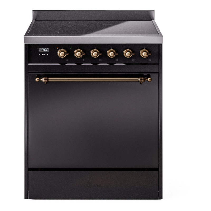 ILVE UPI304QNMPBKB Nostalgie II 30 inch Induction Range (Solid Door, Glossy Black, Burnished)