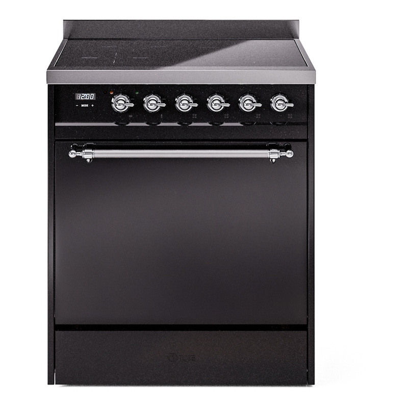 ILVE UPI304QNMPBKC Nostalgie II 30 inch Induction Range (Solid Door, Glossy Black, Chrome)