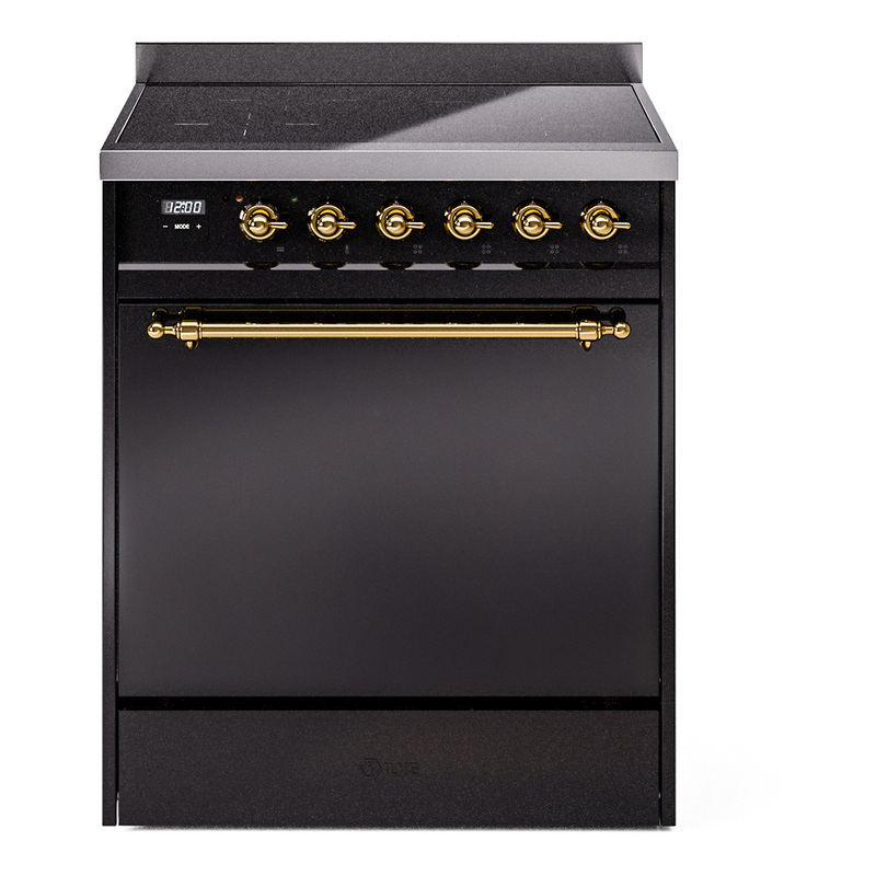 ILVE UPI304QNMPBKG Nostalgie II 30 inch Induction Range (Solid Door, Glossy Black, Brass)