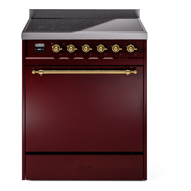 ILVE UPI304QNMPBUG Nostalgie II 30 inch Induction Range (Solid Door, Burgundy, Brass)