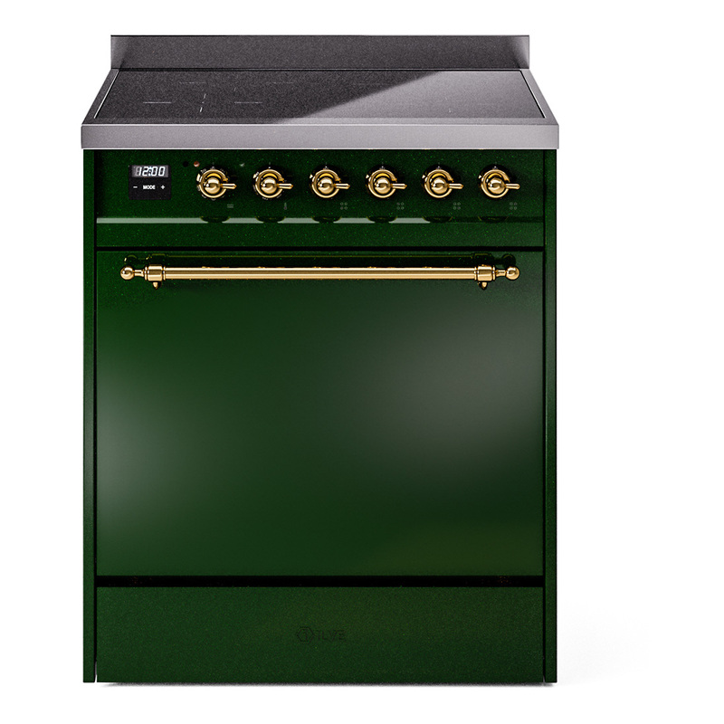 ILVE UPI304QNMPEGG Nostalgie II 30 inch Induction Range (Solid Door, Emerald Green, Brass)