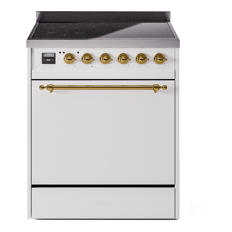ILVE UPI304QNMPWHG Nostalgie II 30 inch Induction Range (Solid Door, White, Brass)