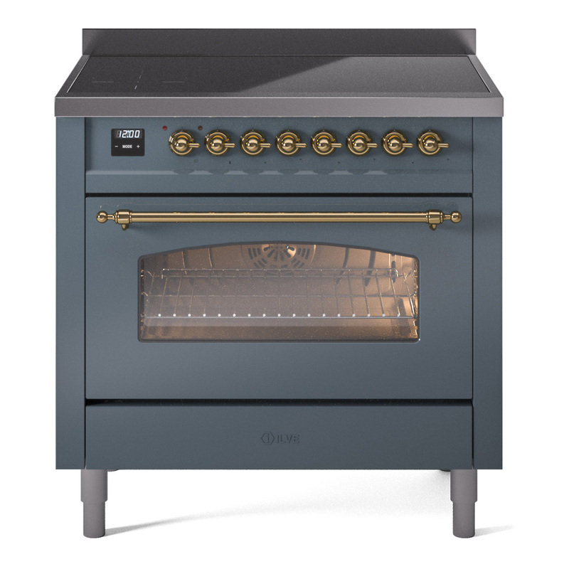 ILVE UPI366NMPBGG Nostalgie II 36 inch Induction Range (Triple Glass Door, Blue Grey, Brass)
