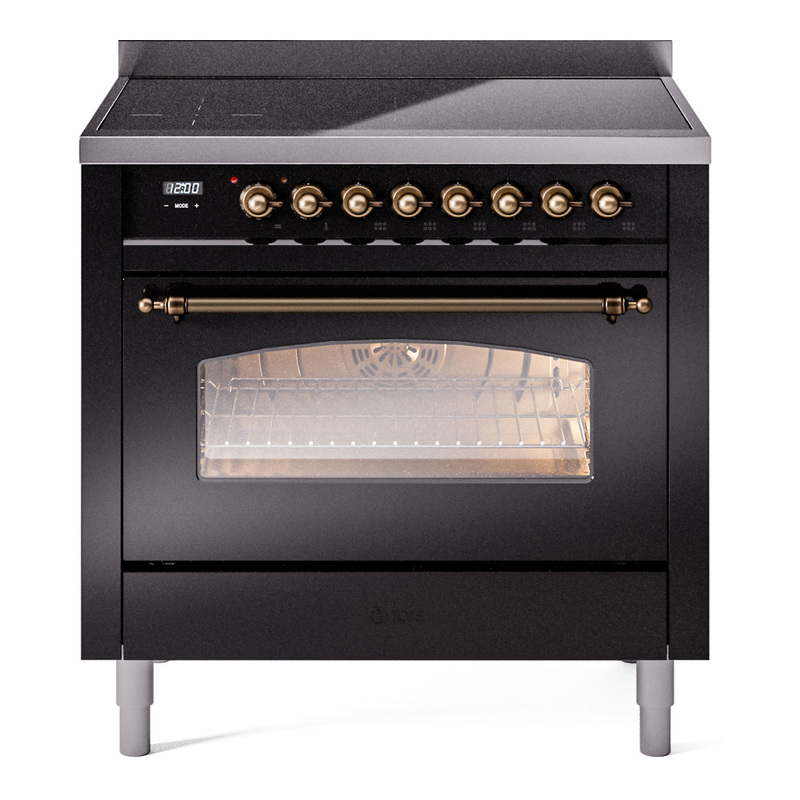 ILVE UPI366NMPBKB Nostalgie II 36 inch Induction Range (Triple Glass Door, Glossy Black, Burnished)