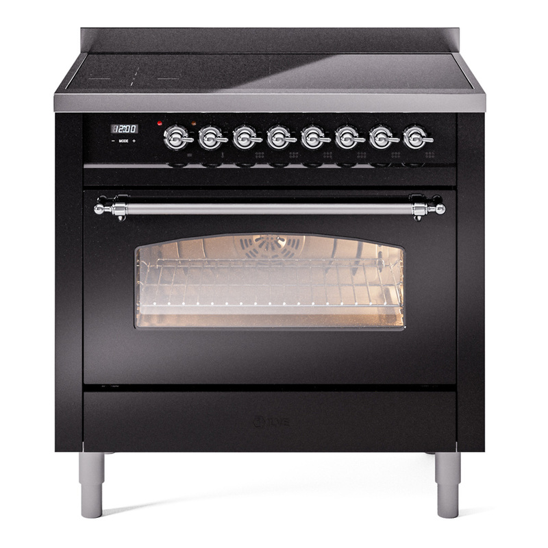 ILVE UPI366NMPBKC Nostalgie II 36 inch Induction Range (Triple Glass Door, Glossy Black, Chrome)