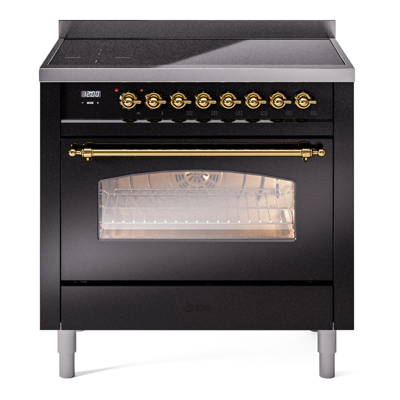 ILVE UPI366NMPBKG Nostalgie II 36 inch Induction Range (Triple Glass Door, Glossy Black, Brass)