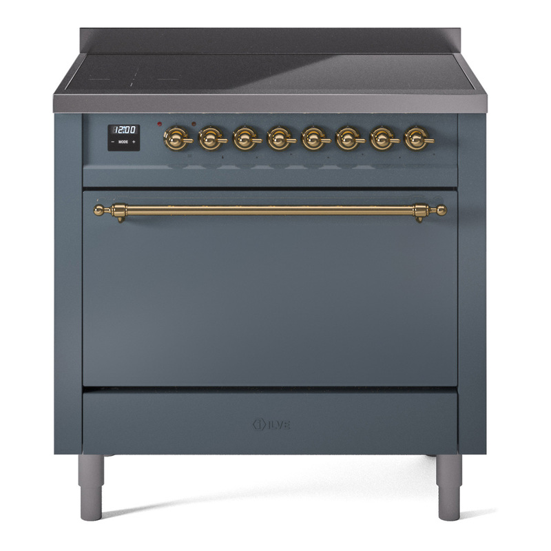 ILVE UPI366QNMPBGG Nostalgie II 36 inch Induction Range (Solid Door, Blue Grey, Brass)