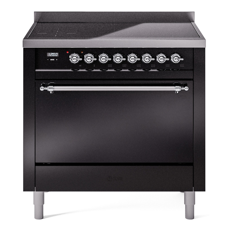 ILVE UPI366QNMPBKC Nostalgie II 36 inch Induction Range (Solid Door, Glossy Black, Chrome)