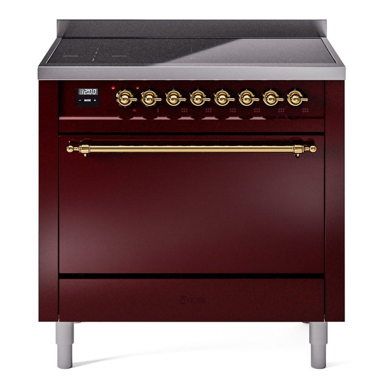 ILVE UPI366QNMPBUG Nostalgie II 36 inch Induction Range (Solid Door, Burgundy, Brass)