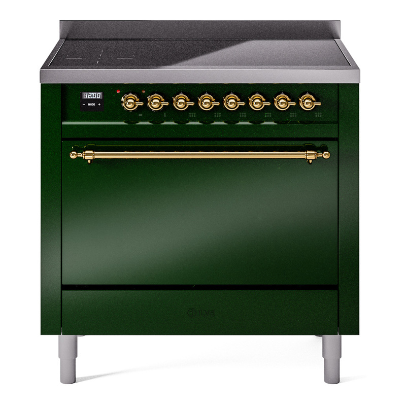 ILVE UPI366QNMPEGG Nostalgie II 36 inch Induction Range (Solid Door, Emerald Green, Brass)