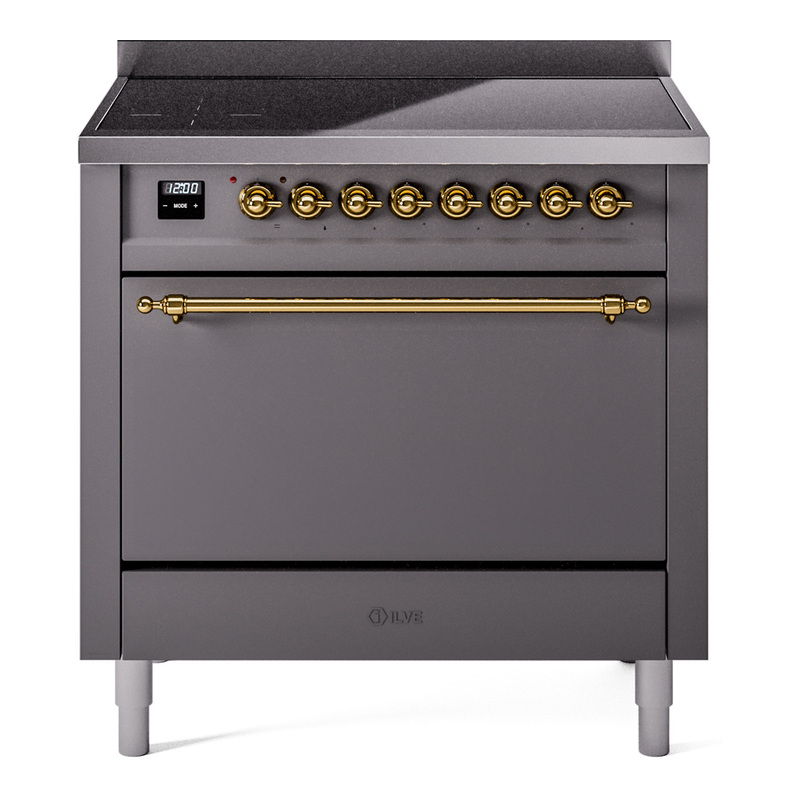 ILVE UPI366QNMPMGG Nostalgie II 36 inch Induction Range (Solid Door, Graphite Matte, Brass)