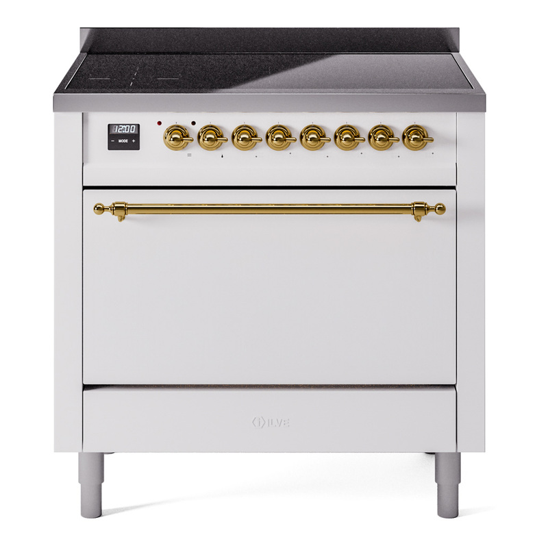 ILVE UPI366QNMPWHG Nostalgie II 36 inch Induction Range (Solid Door, White, Brass)
