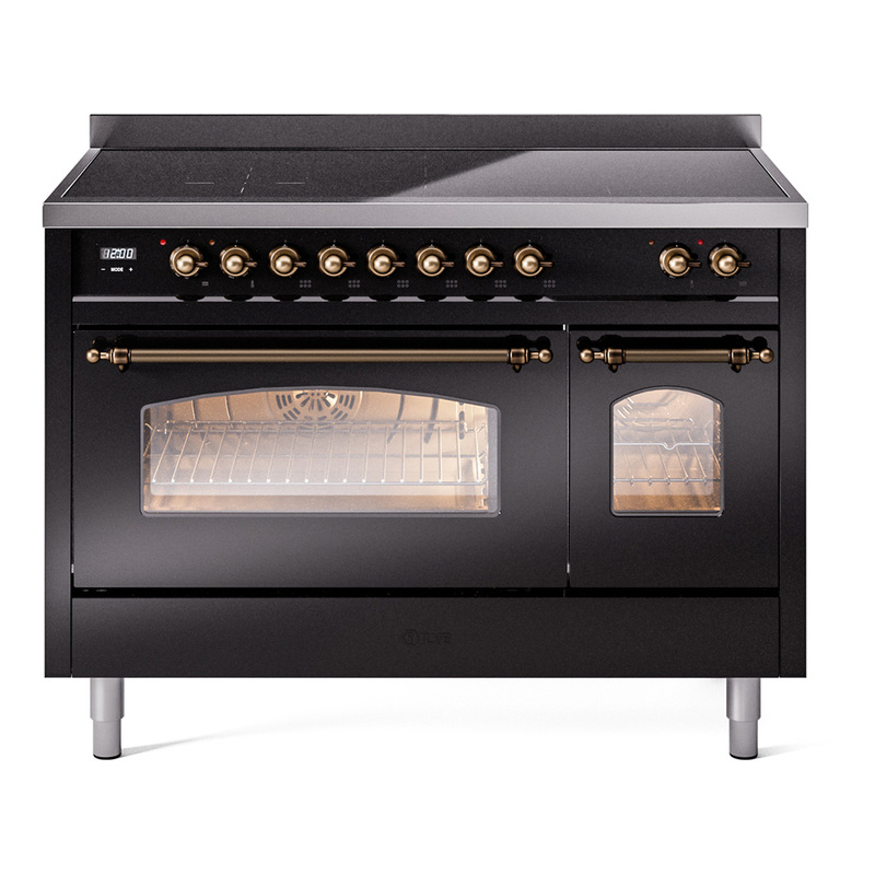 ILVE UPI486NMPBKB Nostalgie II 48 inch Induction Range  (Triple Glass Door, Glossy Black, Burnished)