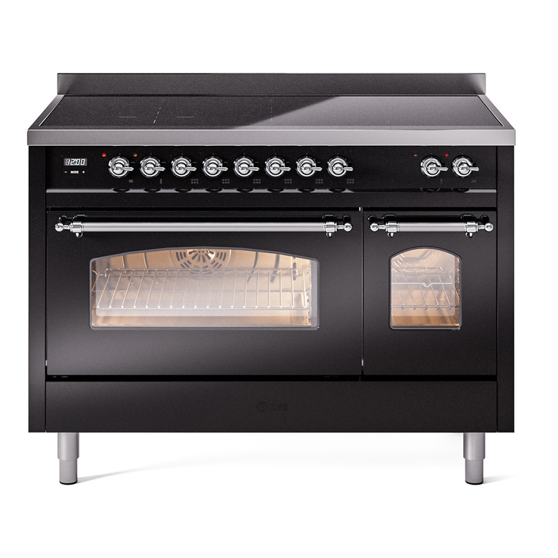 ILVE UPI486NMPBKC Nostalgie II 48 inch Induction Range  (Triple Glass Door, Glossy Black, Chrome)
