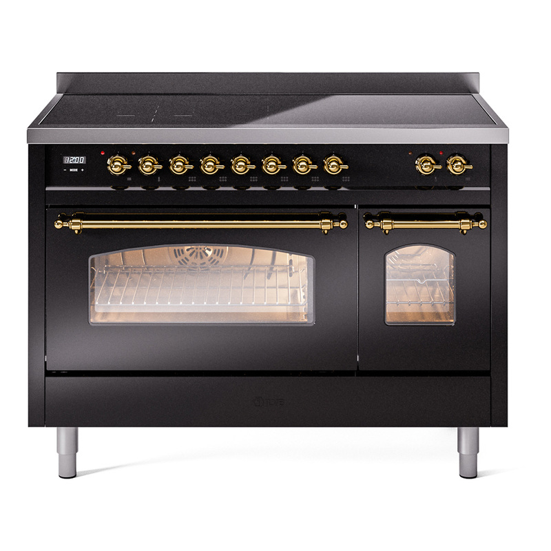 ILVE UPI486NMPBKG Nostalgie II 48 inch Induction Range  (Triple Glass Door, Glossy Black, Brass)