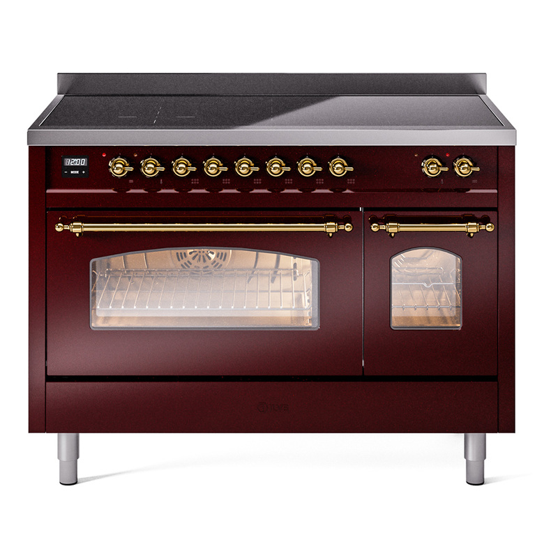 ILVE UPI486NMPBUG Nostalgie II 48 inch Induction Range  (Triple Glass Door, Burgundy, Brass)