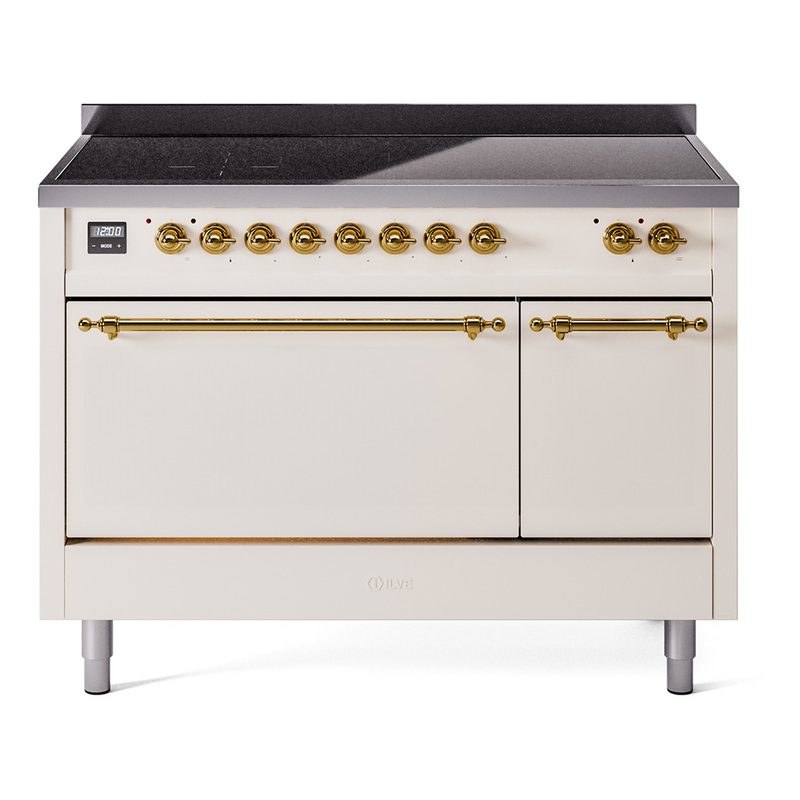 ILVE UPI486QNMPAWG Nostalgie II 48 inch Induction Range  (Solid Door, Antique White, Brass)
