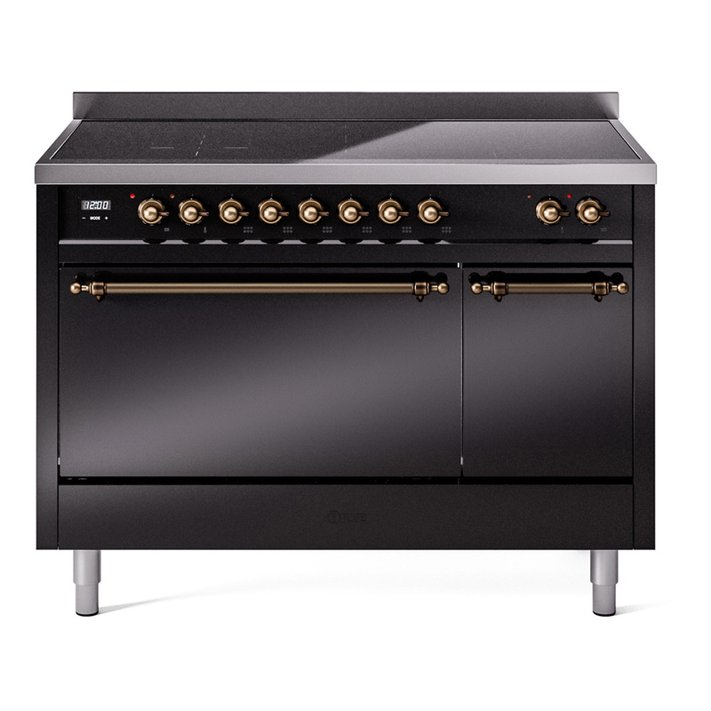 ILVE UPI486QNMPBKB Nostalgie II 48 inch Induction Range  (Solid Door, Glossy Black, Burnished)