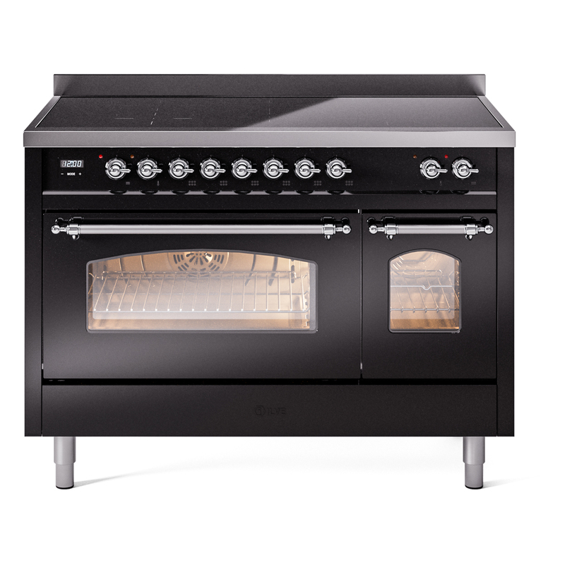 ILVE UPI486QNMPBKC Nostalgie II 48 inch Induction Range  (Solid Door, Glossy Black, Chrome)