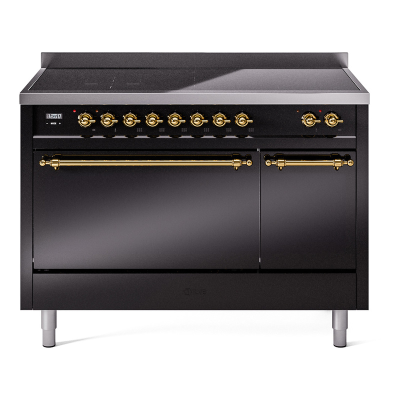 ILVE UPI486QNMPBKG Nostalgie II 48 inch Induction Range  (Solid Door, Glossy Black, Brass)