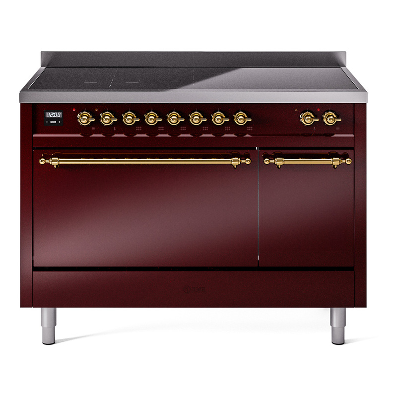 ILVE UPI486QNMPBUG Nostalgie II 48 inch Induction Range  (Solid Door, Burgundy, Brass)
