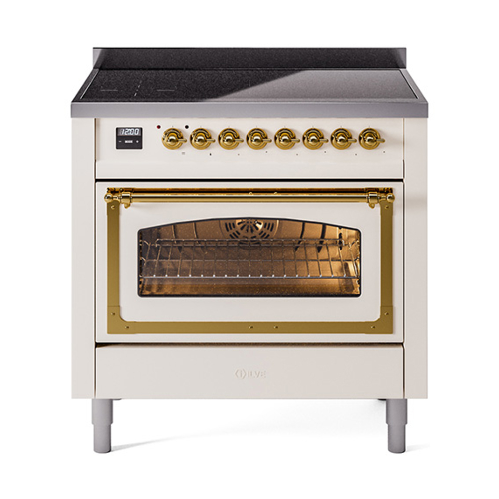 ILVE UNI366NMPAWG Nostalgie II Noblesse 36 inch Induction Range  (Triple Glass Door, Antique White, Brass)