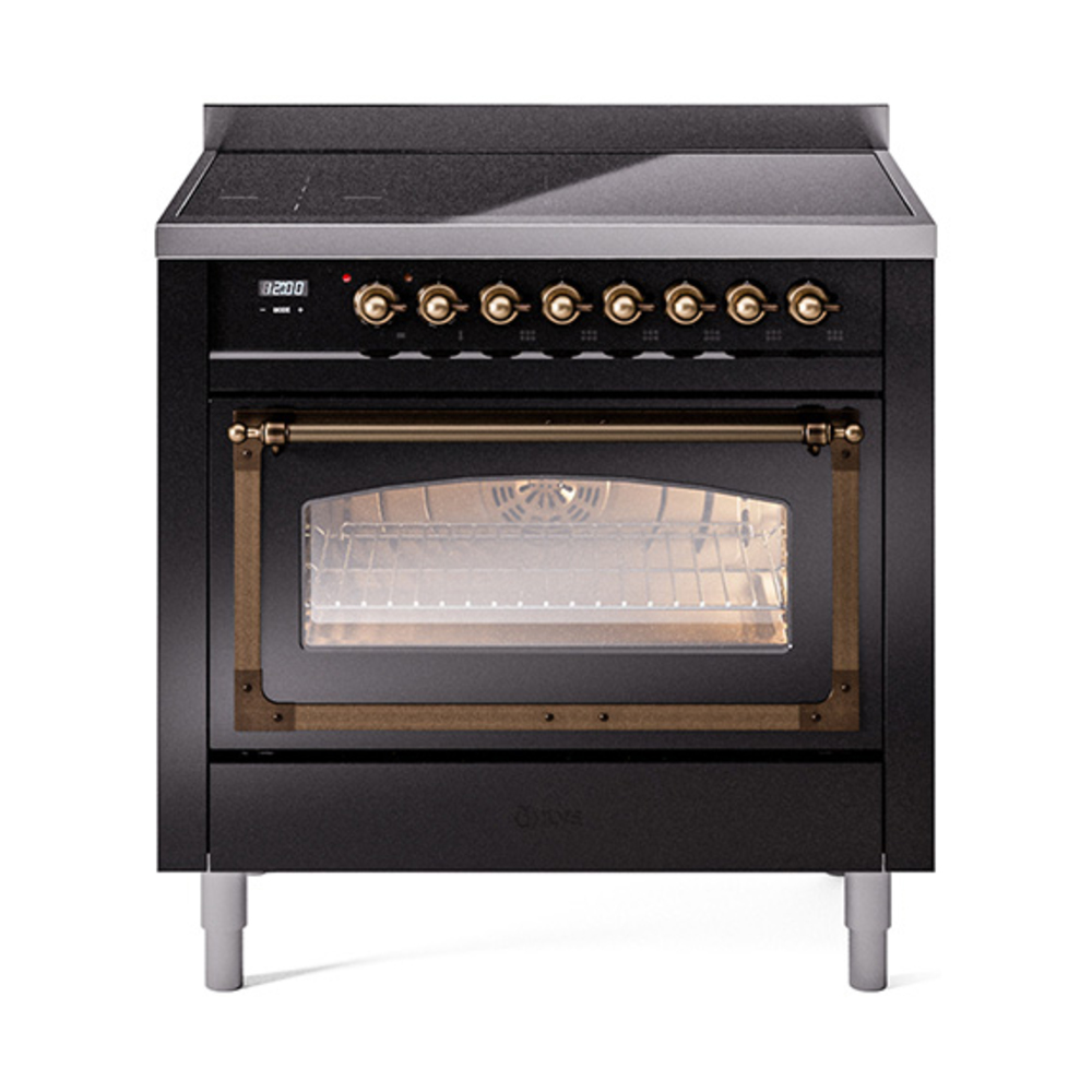 ILVE UNI366NMPBKB Nostalgie II Noblesse 36 inch Induction Range  (Triple Glass Door, Glossy Black, Burnished)