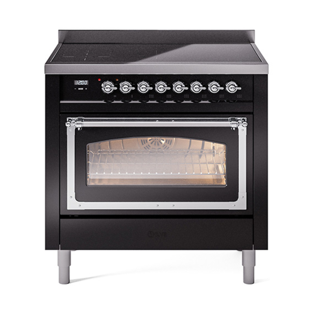 ILVE UNI366NMPBKC Nostalgie II Noblesse 36 inch Induction Range  (Triple Glass Door, Glossy Black, Chrome)