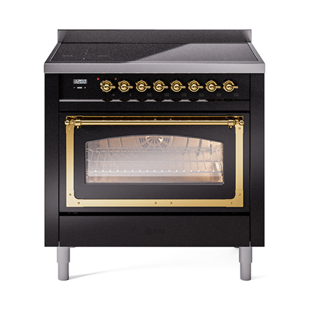 ILVE UNI366NMPBKG Nostalgie II Noblesse 36 inch Induction Range  (Triple Glass Door, Glossy Black, Brass)