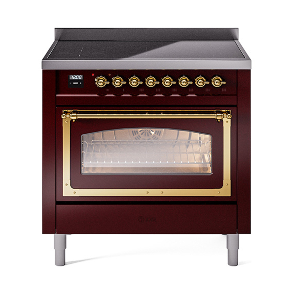 ILVE UNI366NMPBUG Nostalgie II Noblesse 36 inch Induction Range  (Triple Glass Door, Burgundy, Brass)