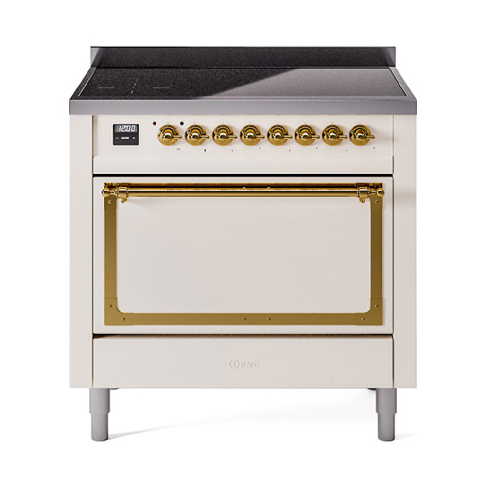 ILVE UNI366QNMPAWG Nostalgie II Noblesse 36 inch Induction Range  (Solid Door, Antique White, Brass)