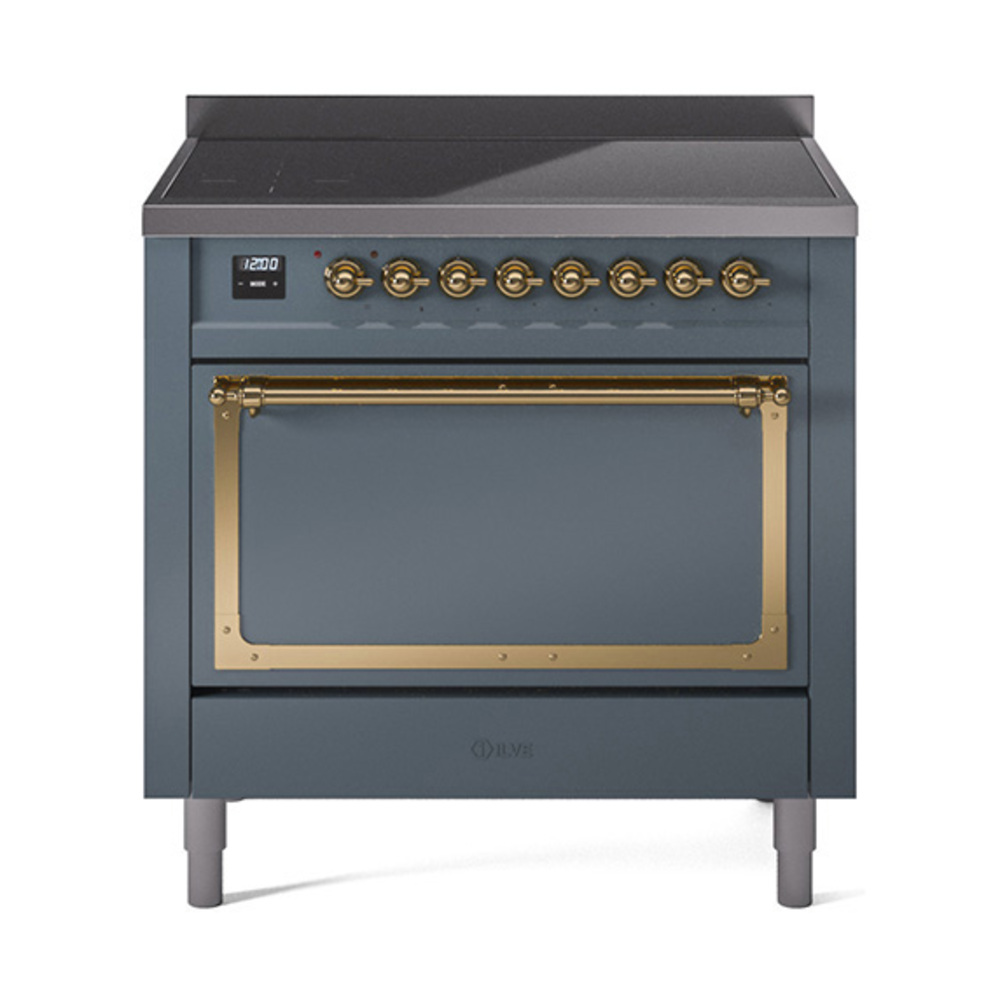 ILVE UNI366QNMPBGG Nostalgie II Noblesse 36 inch Induction Range  (Solid Door, Blue Grey, Brass)
