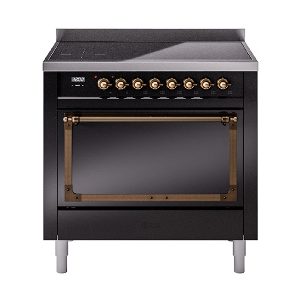 ILVE UNI366QNMPBKB Nostalgie II Noblesse 36 inch Induction Range  (Solid Door, Glossy Black, Burnished)