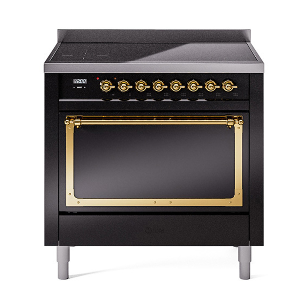 ILVE UNI366QNMPBKG Nostalgie II Noblesse 36 inch Induction Range  (Solid Door, Glossy Black, Brass)
