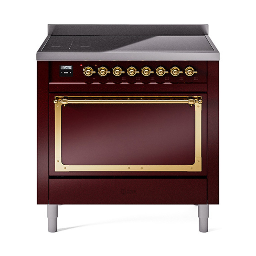 ILVE UNI366QNMPBUG Nostalgie II Noblesse 36 inch Induction Range  (Solid Door, Burgundy, Brass)