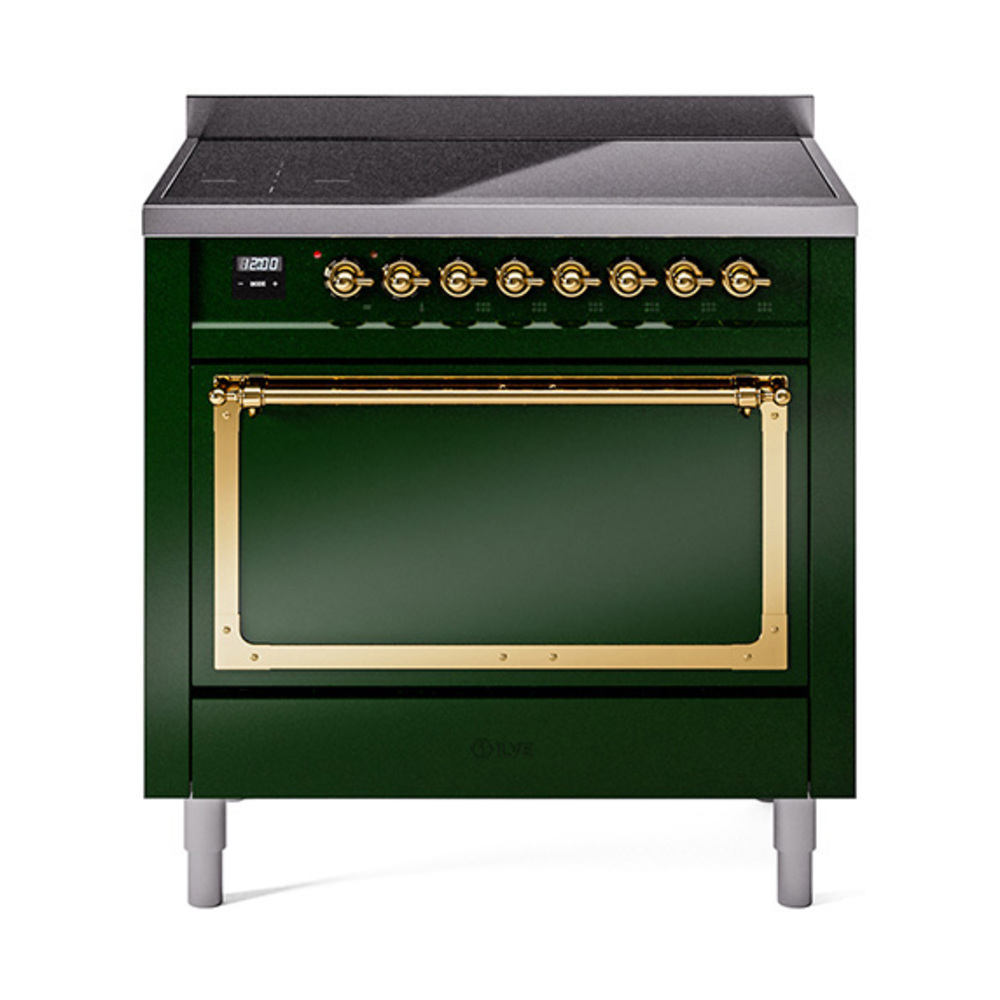 ILVE UNI366QNMPEGG Nostalgie II Noblesse 36 inch Induction Range  (Solid Door, Emerald Green, Brass)