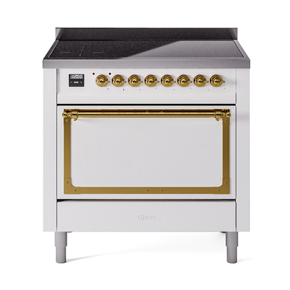 ILVE UNI366QNMPWHG Nostalgie II Noblesse 36 inch Induction Range  (Solid Door, White, Brass)