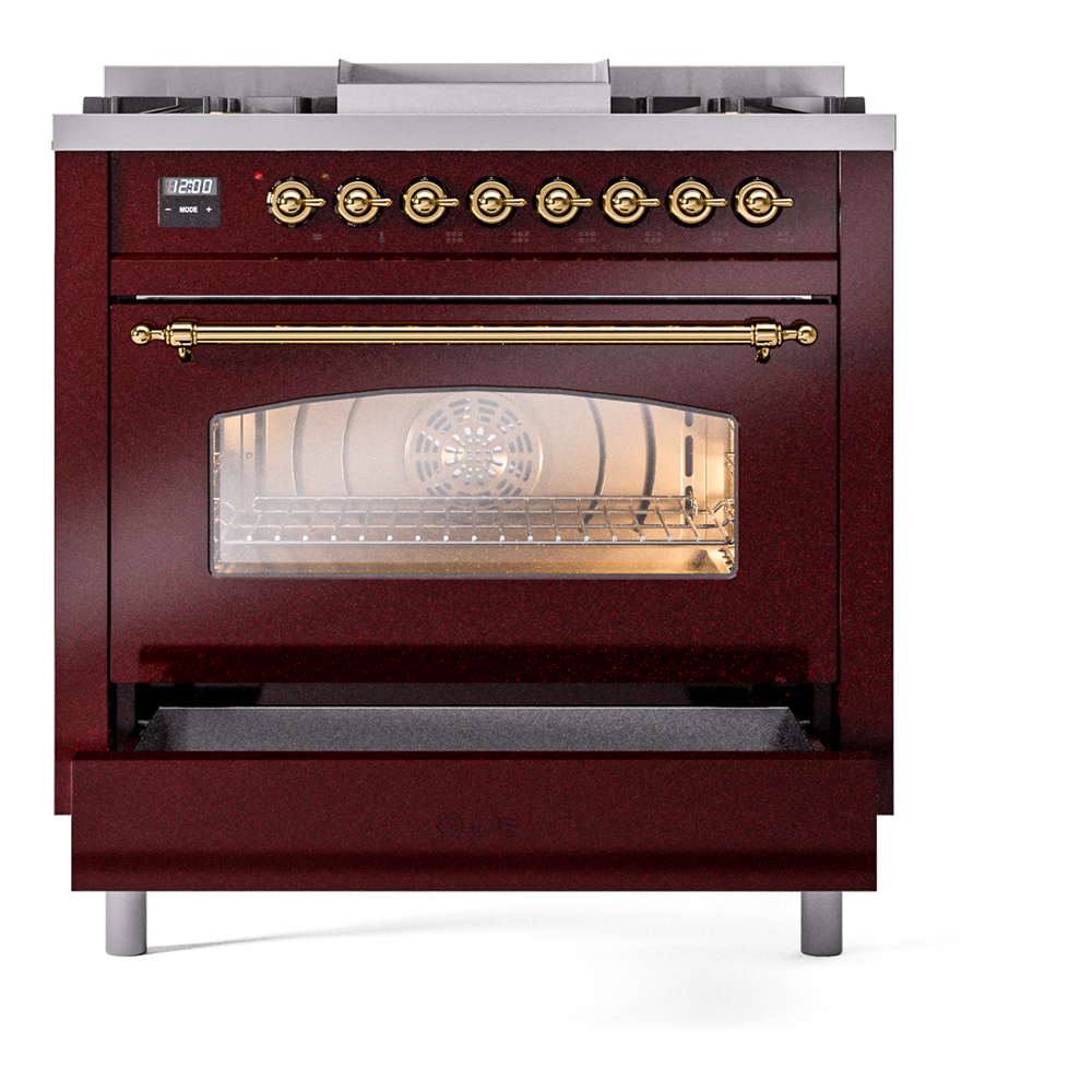 ILVE Nostalgie II 36" UP36FNMPBUGLP Dual Fuel Range drawer opened