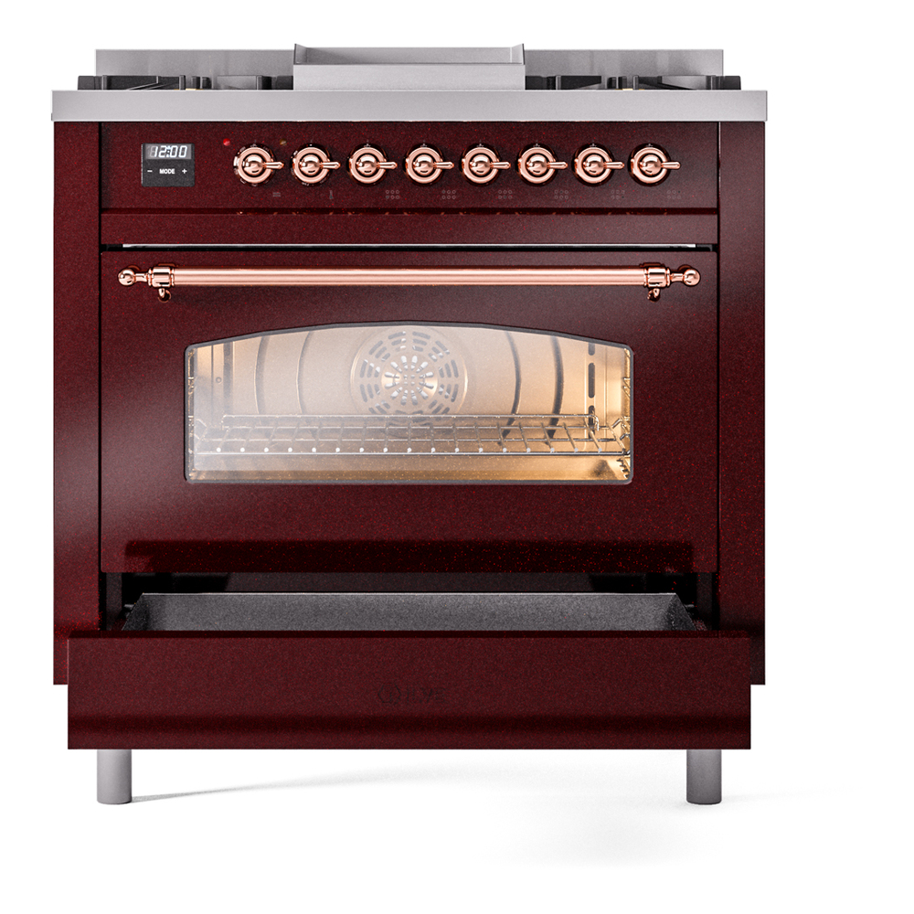 ILVE Nostalgie II 36" UP36FNMPBUPLP Dual Fuel Range drawer opened