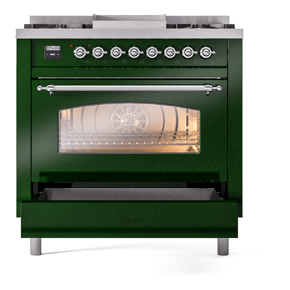 ILVE Nostalgie II 36" UP36FNMPEGCLP Dual Fuel Range drawer opened