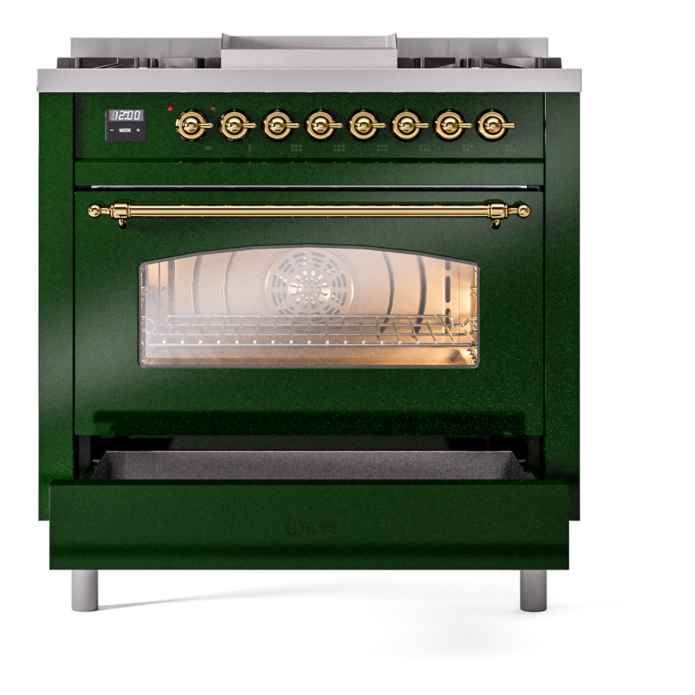 ILVE Nostalgie II 36" UP36FNMPEGGLP Dual Fuel Range drawer opened
