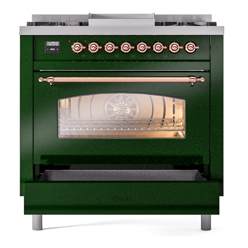 ILVE Nostalgie II 36" UP36FNMPEGP Dual Fuel Range drawer opened